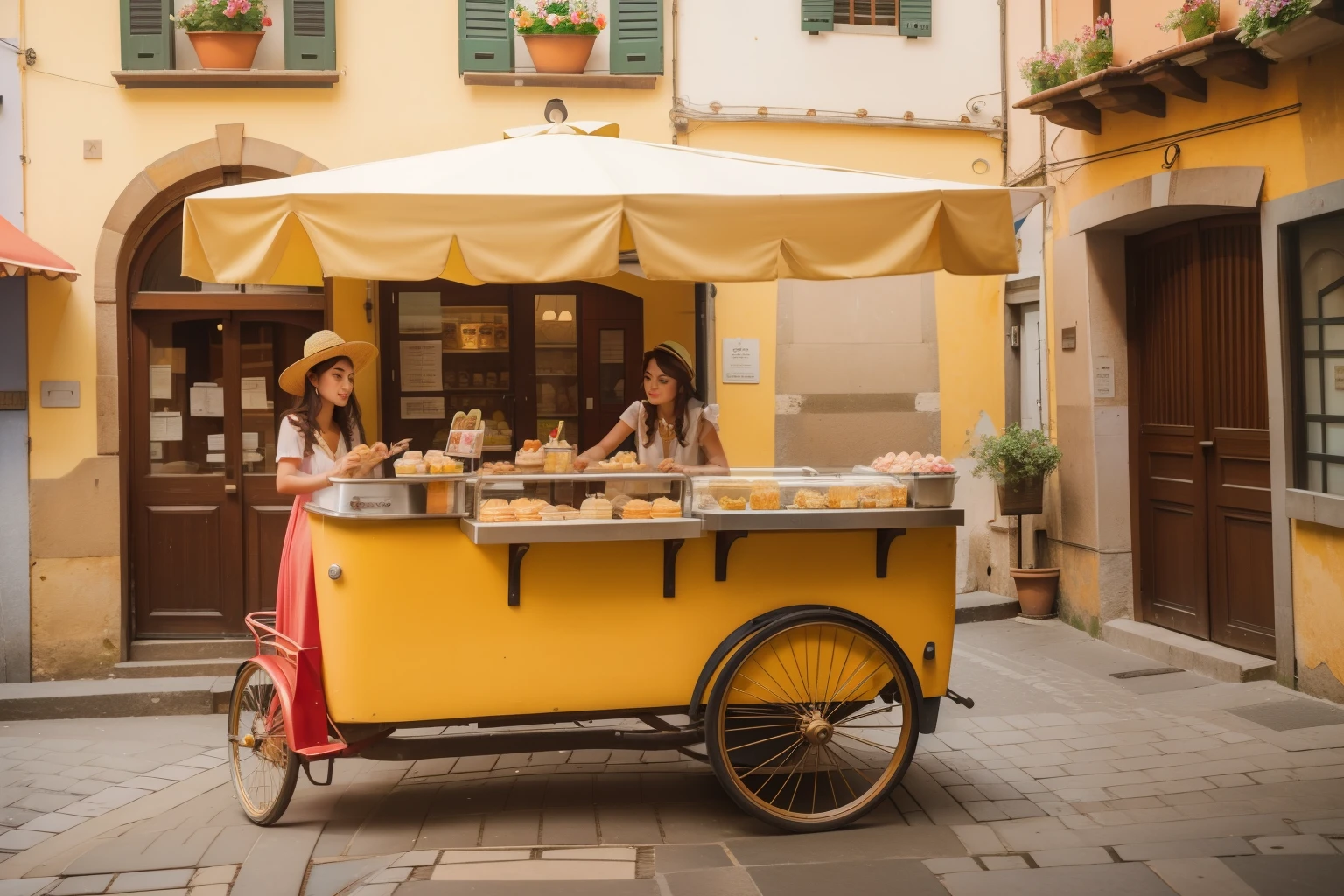 2010s Italian Gelato Cart Expedition (Location: Florence):
Character: A teenage girl with a sun hat and flowing brunette hair, savoring gelato from a charming cart.
Setting: The cobbled streets of Florence, where she embarks on a gelato-tasting adventure. Use Wes Anderson's vibrant and playful color tones to capture the sweetness of a 2010s Italian summer day.