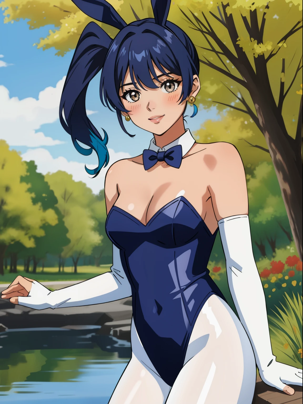 sena, side pony tail, fire hair ,navy blue hair ,1girl, solo, small breasts, ,earrings glossy lips ,looking at viewer, blush, large breasts, nature, pond, trees, park, long white elbow satin gloves, holding, animal ears, cleavage, bare shoulders, jewelry, very l, gentle smile, pantyhose, earrings, fake rabbit ears,  leotard, fake animal ears bunny, long white elbow gloves