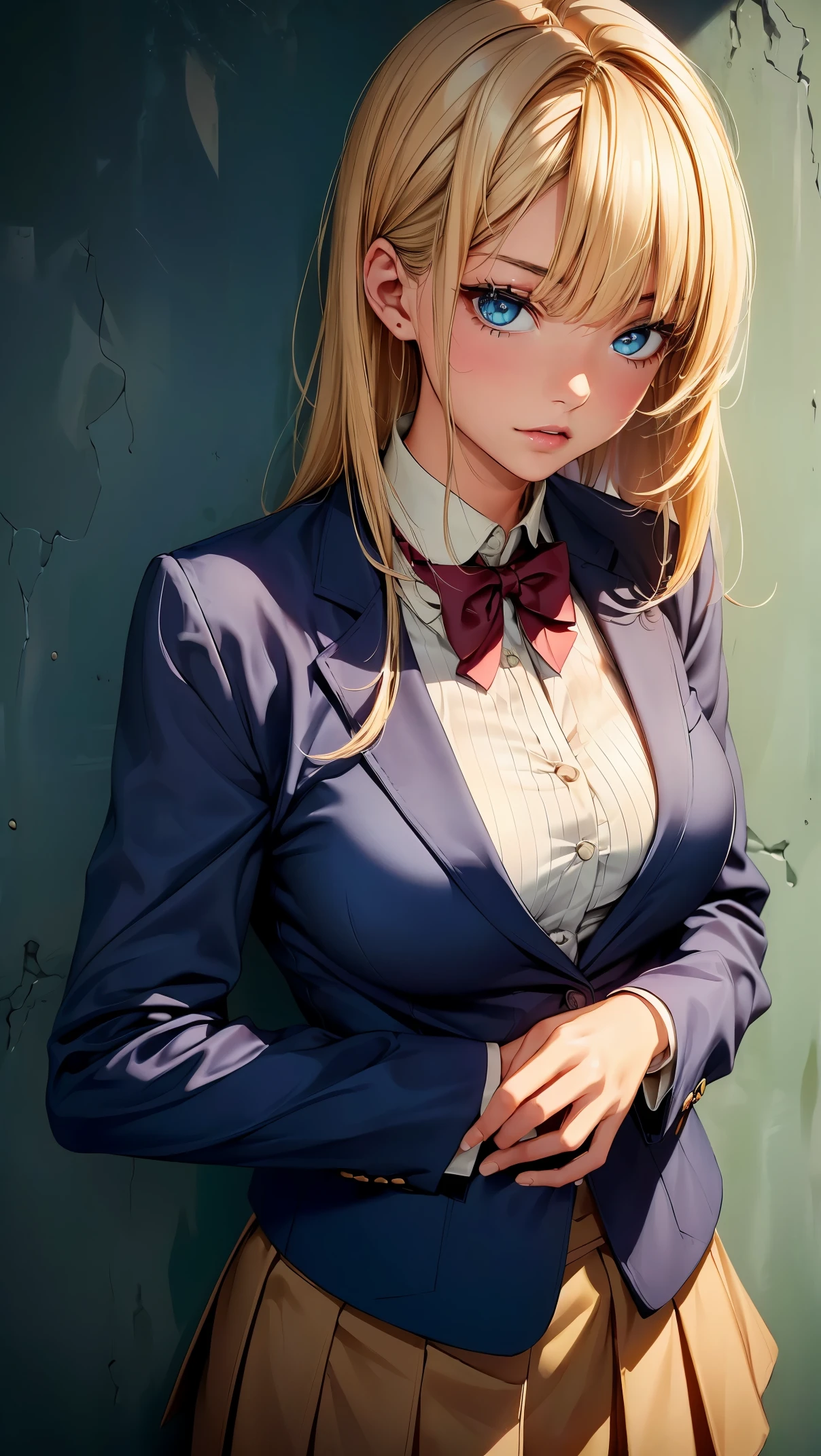 (8K, RAW photo, 最high quality, masterpiece:1.2), High-definition RAW color photo, Professional photo shoot, cinematic light, solo, (((young woman, gal))), (垂れeye), (small face), (high detail skin: 1.2), clavicle, cute face, well-groomed face, beautiful eyes, long eyelashes, (rainbow hair, Brownい瞳), (beautiful breasts:1.5),(thin:1.4), very detailed顔と肌の質感, 詳細なeye, double eyelid, カメラを横eyeで見る, ((blonde, shortcut, Bangs are long on one side)), slender body, ((ジトeye:1.2)), big breasts, normal hip joint, Brown_eye, cowboy shot, (school uniform, blue blazer), ((Concrete wall background)), 見つめるeye, beautiful skin, shiny skin, wet skin, wet hair, perfect fingers, five fingers, anatomically correct, background bokeh, high quality, surreal, bright colors, ((very detailed, photo shoot)),