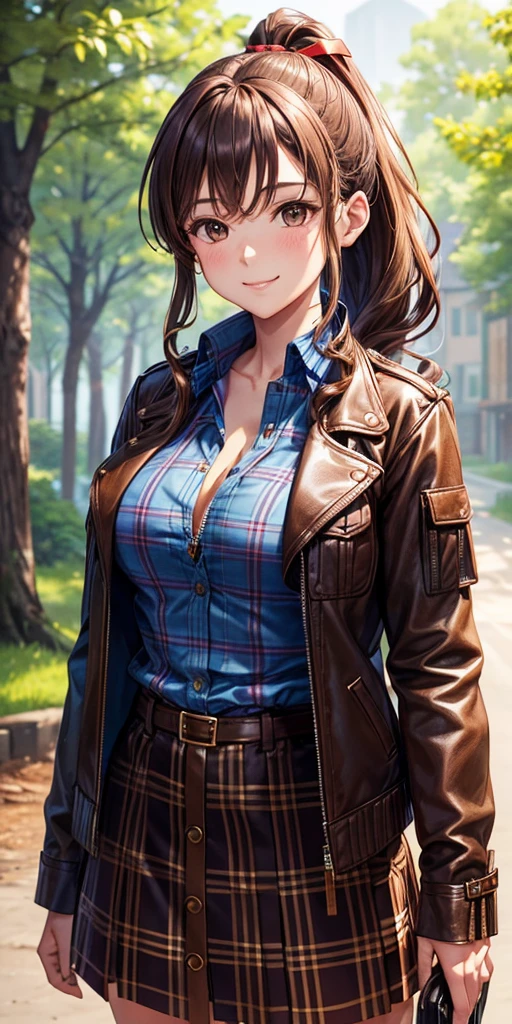 1girl, solo, village, trees, brown hair, long hair, curly hair, ponytail, large breasts, button down shirt, ((blue checked shirt)), ((unbuttoned shirt)), brown eyes, ((opened brown zipper jacket)), leather jacket, red and black skirt, smile, looking at the viewer, standng, hair ribbon