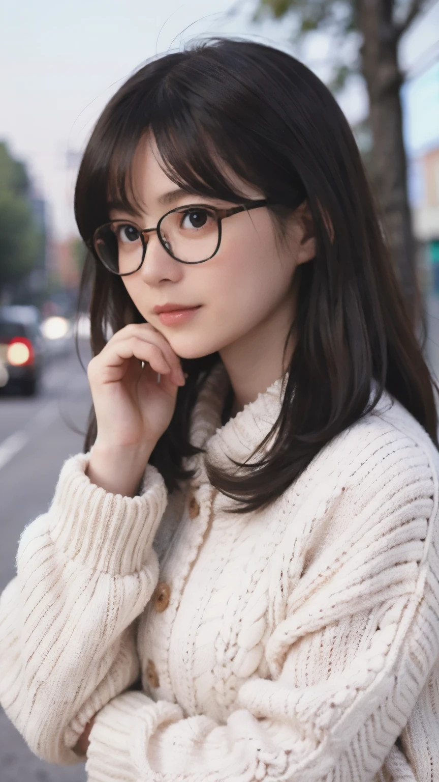 1 girl, wearing glasses, long hair, walking in the street, wearing sweater, background trees
