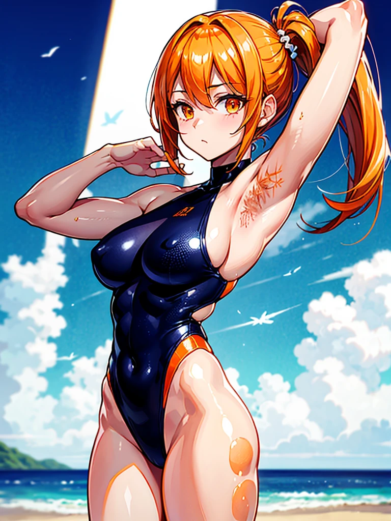 (((masterpiece、Highest image quality、highest quality、highly detailed unity 8kwallpaper)))、((Illustration of one girl))、(((beautiful girl)))、((orange hair、side ponytail、sidelocks:1.4、orange eyes))、(((stocky build, thickset physique:1.6, muscular legs, broad shoulders, solid chest)))、(((orange hairy armpits:1.4)))、(armpit hair:1.4)、swimsuit、sandy beach