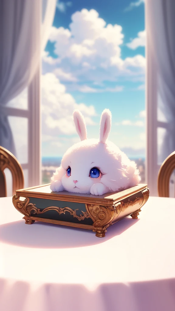 Bunny Morphing Girl, fluffy, soft ((highest quality)), ((table top)), ( extreme detail, best details, official art, beauty and aesthetic: 1.2), Depth of bounds written, composition, whole body, (Little), (beautiful and detailed eyes: 1.3), (Excellent:1), colorful clouds background blurred