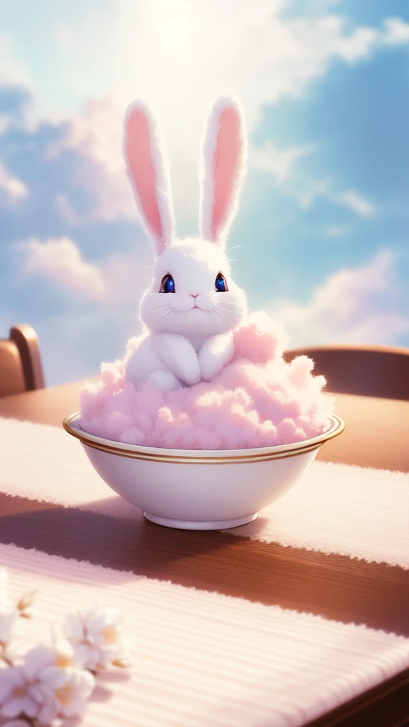 Bunny Morphing Girl, fluffy, soft ((highest quality)), ((table top)), ( extreme detail, best details, official art, beauty and aesthetic: 1.2), Depth of bounds written, composition, whole body, (Little), (beautiful and detailed eyes: 1.3), (Excellent:1), colorful clouds background blurred