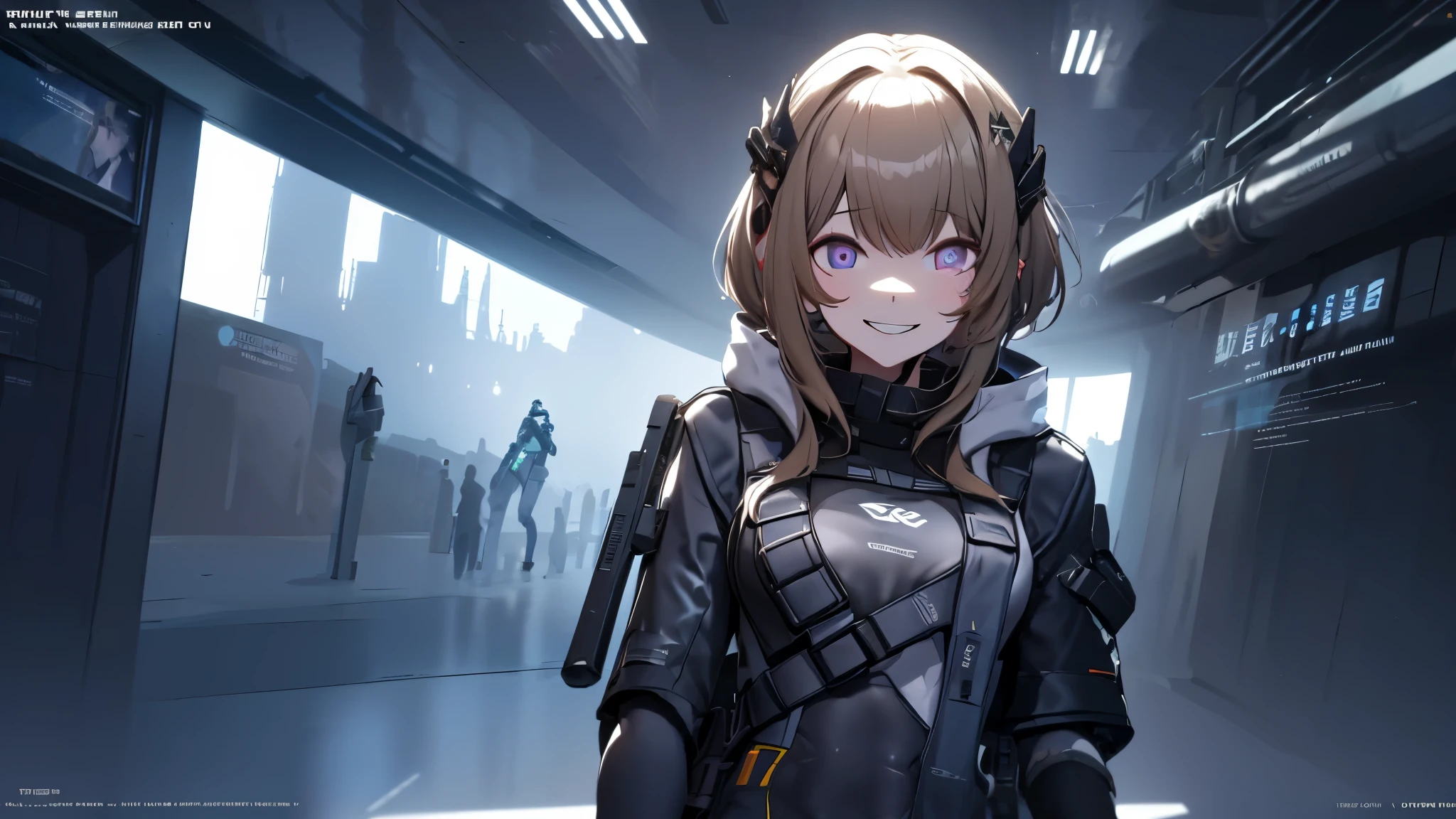 The alone young short light brown hair with purple eye woman as the lone character, stand alone holding a sci-fi pistol and sci-fi sniper rifle , sci-fi city , High detail mature face, combat suit, white glove, black boot, high res, ultra sharp, She stands confidently in the center of the poster ， Yandere , Yandere Face , Trance , Trance Eyes , yameroyandere , constricted pupils , yandere , empty eyes . shaded face , crazy eyes , glowing eyes , crazy smile ,Wear fashion-forward cyborg-futuristic outfits，a determined expression on her face。The background  dark and gritty，There  a sense of danger and a strong feeling。The text  bold and eye-catching，With catchy slogans，Adds to the overall drama and excitement。The color palette  dominated by dark colors，Dotted with bright colorake the poster dynamic and visually strikinagazines:1.3), (Cover-style:1.3), Fashion, vibrant, Outfit, posing on a, Front, rich colorful，Background with，element in，self-assured，Expressing the，halter，statement，Attachment，A majestic，coil，Runt，Touching pubic area，Scenes，text，Cover of a，boldness，attention-grabbing，titleashion，typeface，，Best quality at best，Hyper-detailing，8K ，hyper HD