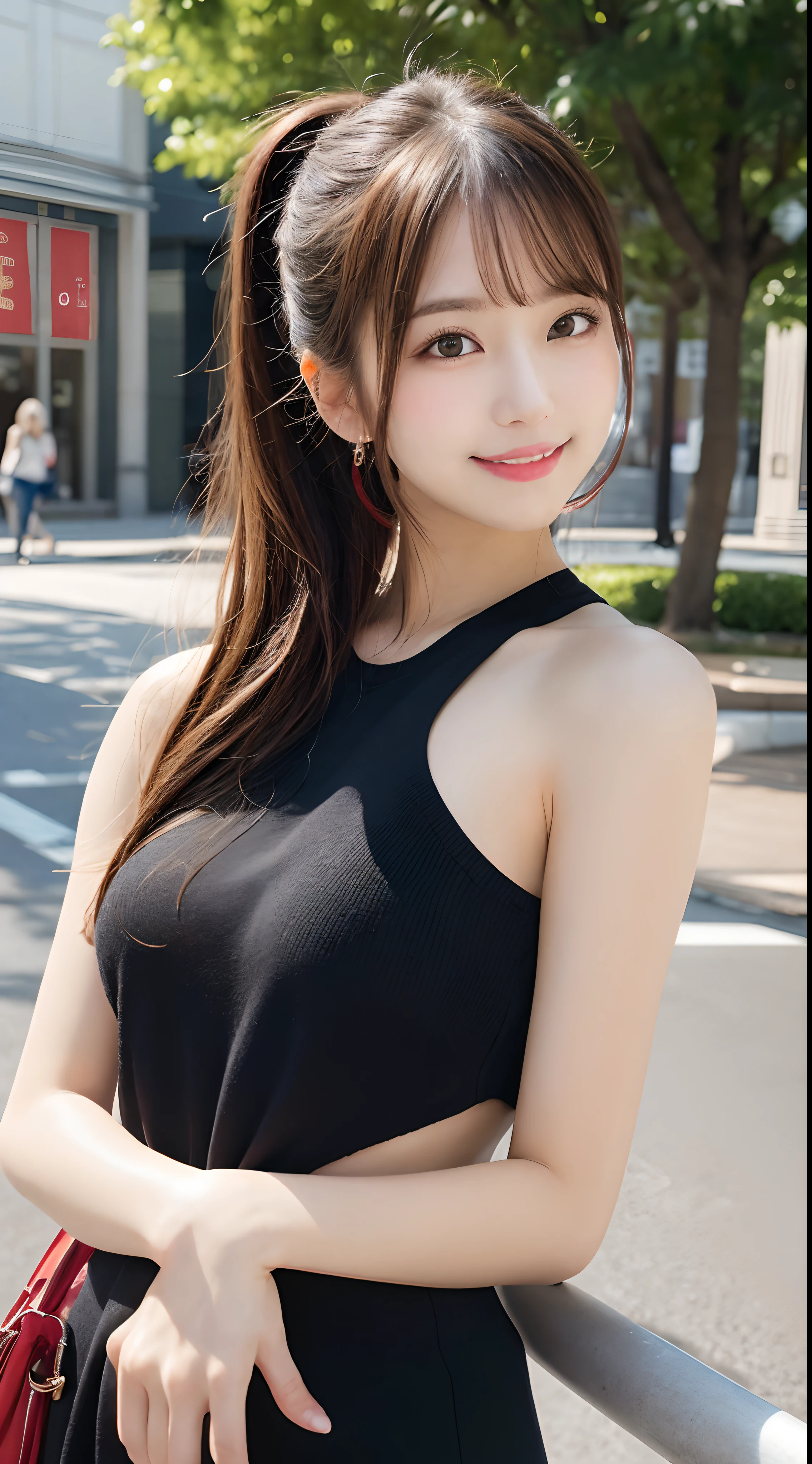 masutepiece, Best Quality, Illustration, Ultra-detailed, finely detail, hight resolution, 8K Wallpaper, Perfect dynamic composition, Beautiful detailed eyes, Women's Fashion Summer,Ponytail hair,Small breasts natural color lip, Bold sexy poses,Smile,Harajuku、20 years girl、Cute、Sexy shot looking at camera
