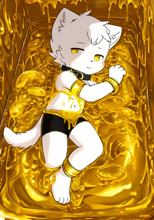 A male wolf cub lies in golden slime,Wearing white boxers,covered in golden slime,Slime,Coyotes,collar,Thighs covered with mucuall into,trapped,yoke