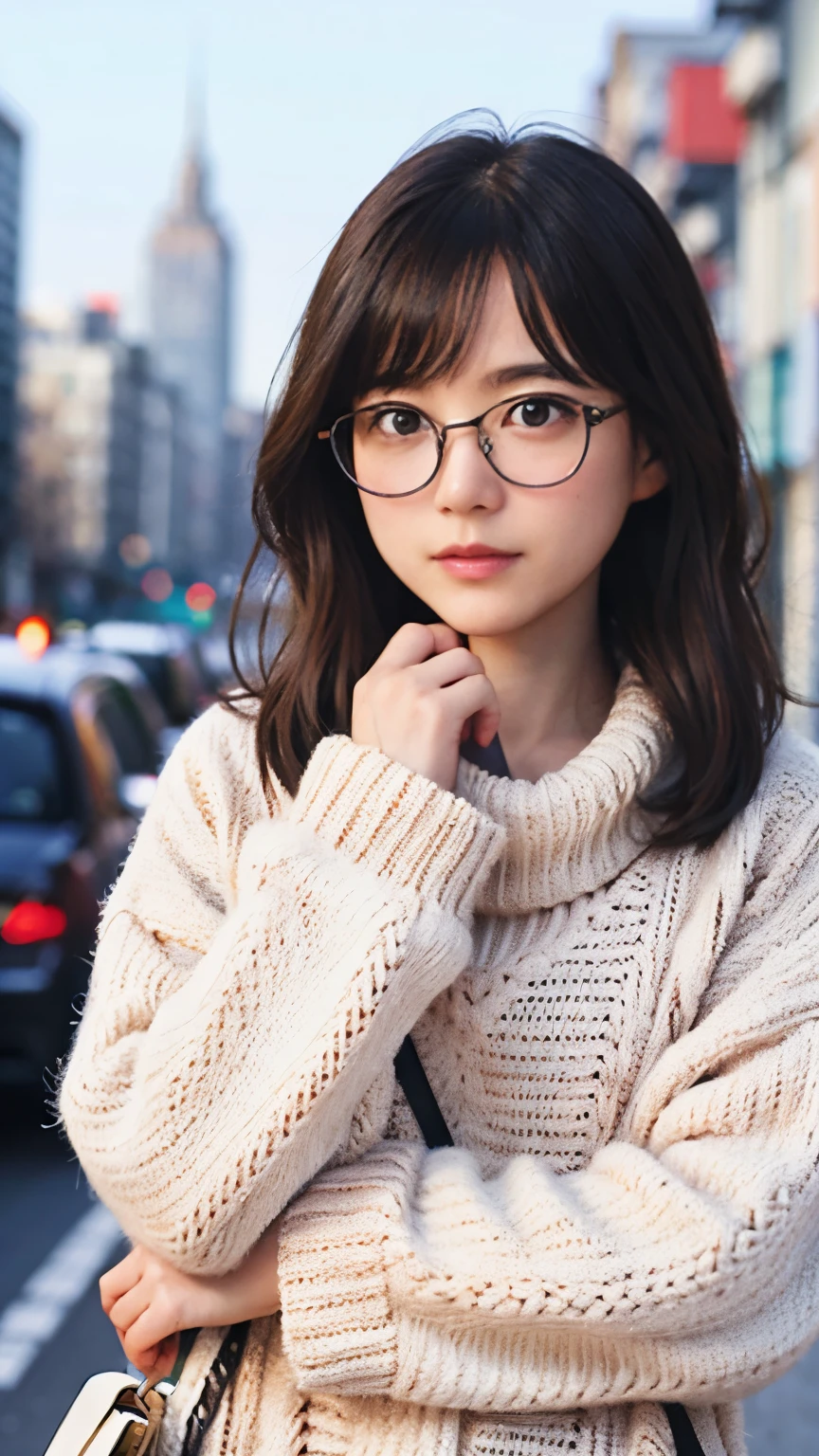 1 girl, wearing glasses, long hair, walking in the street, wearing sweater, background trees