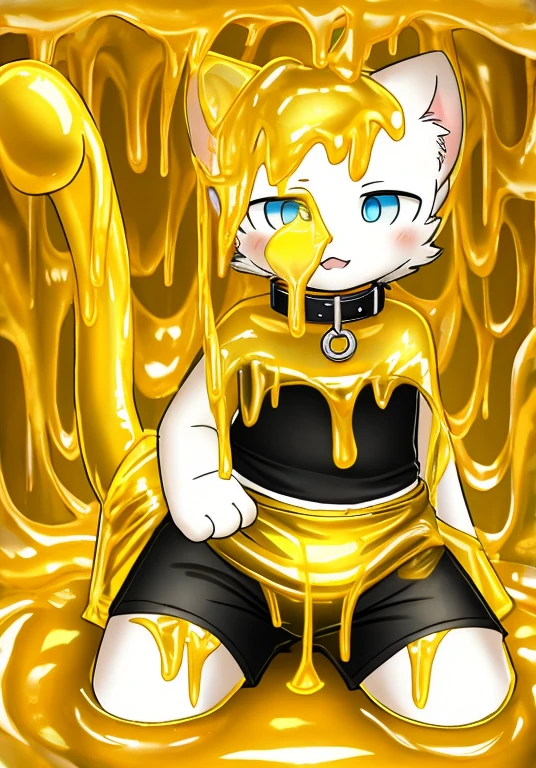 White cat cub riding in golden slime,Black boxers,collar,The tail in the right position,Covered in golden slime