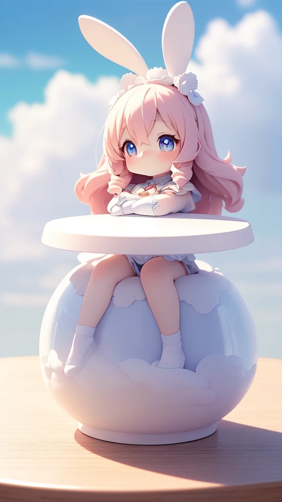 Bunny Morphing Girl, fluffy, soft ((highest quality)), ((table top)), ( extreme detail, best details, official art, beauty and aesthetic: 1.2), Depth of bounds written, composition, whole body, (Little), (beautiful and detailed eyes: 1.3), (Excellent:1), colorful clouds background blurred