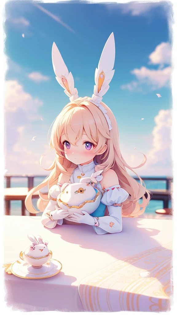 Bunny Morphing Girl, fluffy, soft ((highest quality)), ((table top)), ( extreme detail, best details, official art, beauty and aesthetic: 1.2), Depth of bounds written, composition, whole body, (Little), (beautiful and detailed eyes: 1.3), (Excellent:1), colorful clouds background blurred
