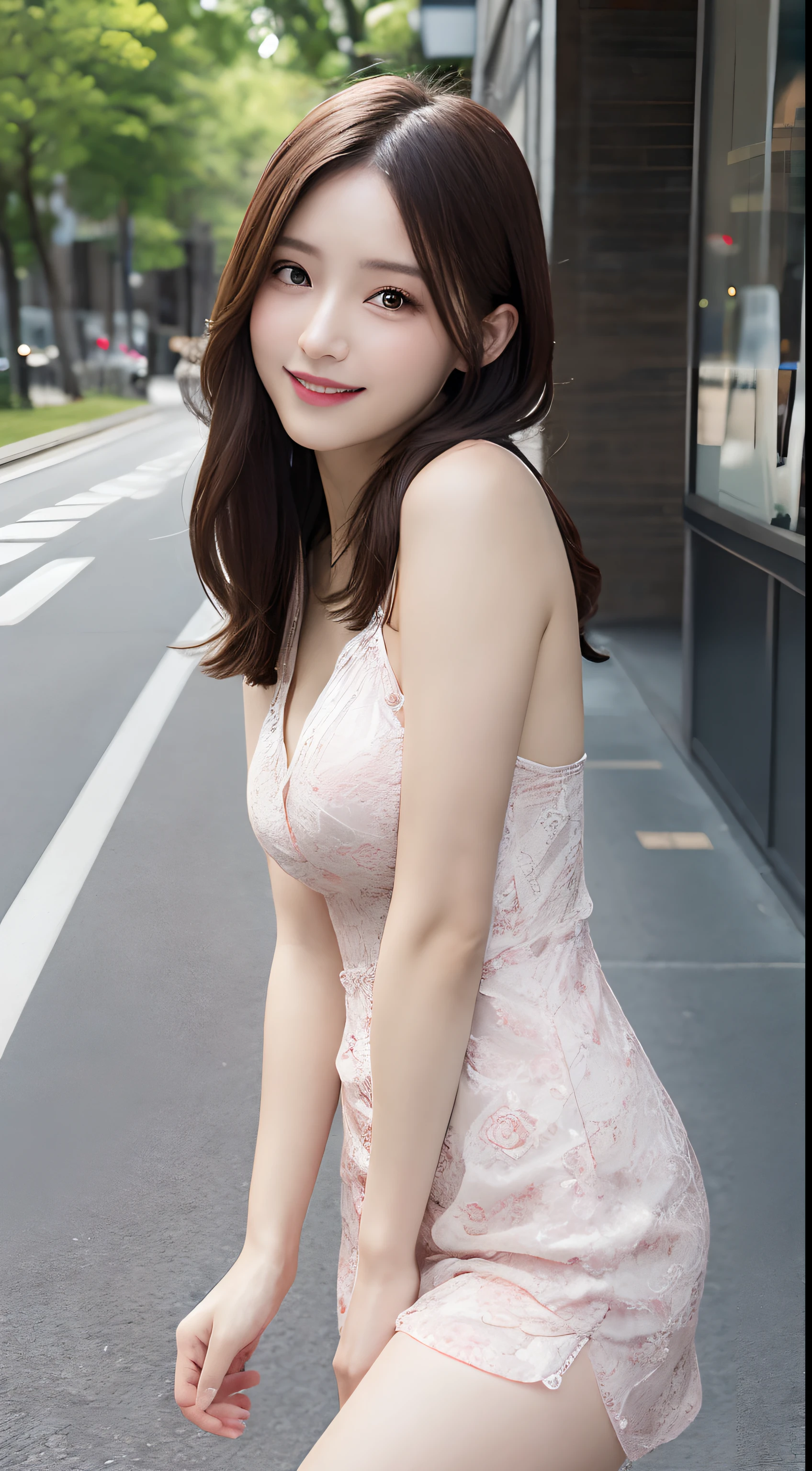 masutepiece, Best quality, illustration, Ultra-detailed, finedetail, A high resolution, 8K wallpaper, Perfect dynamic composition, Beautiful detailed eyes, summer dress,Medium hair, Big breasts, Natural color lips, Random and sexy pose,Smile,Aoyama Street Walkway、20 years girl