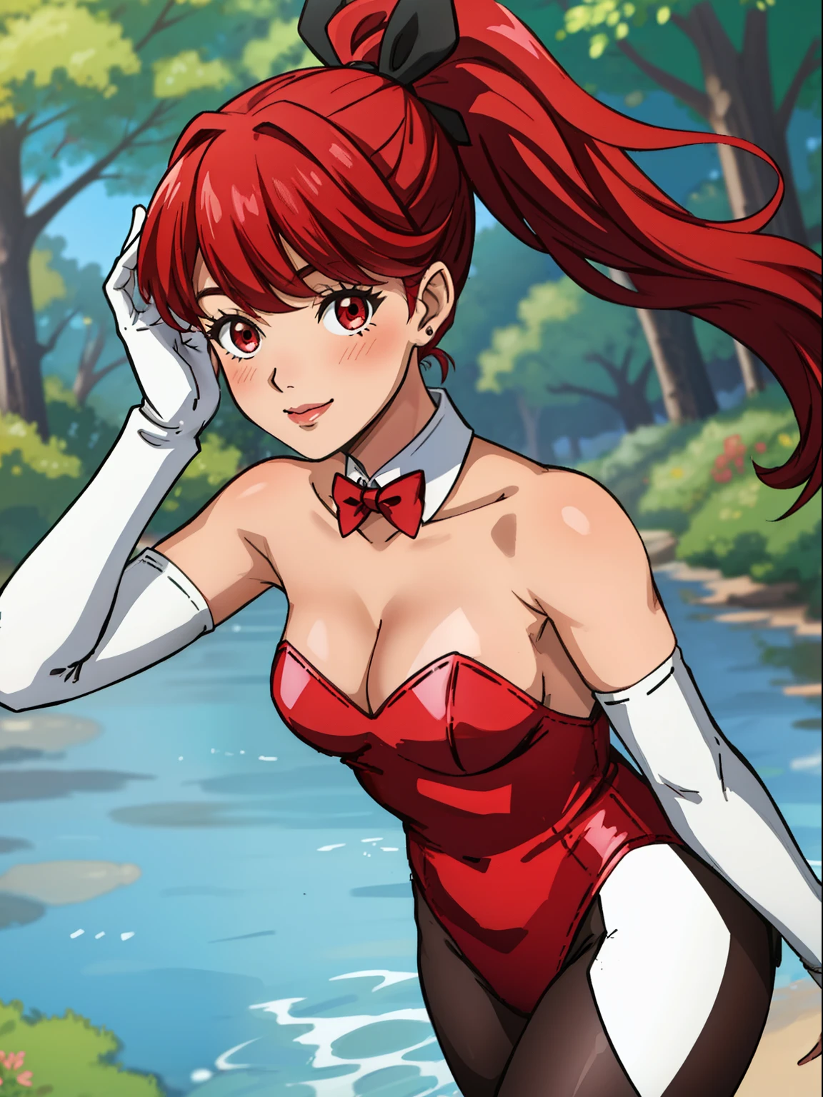 kasumi, red hair, pony tail, red eyes ,1girl, solo, small breasts, ,earrings glossy lips ,looking at viewer, blush, large breasts, nature, pond, trees, park, long white elbow satin gloves, holding, animal ears, cleavage, bare shoulders, jewelry, very l, gentle smile, pantyhose, earrings, fake rabbit ears, leotard, fake animal ears bunny, long white elbow gloves