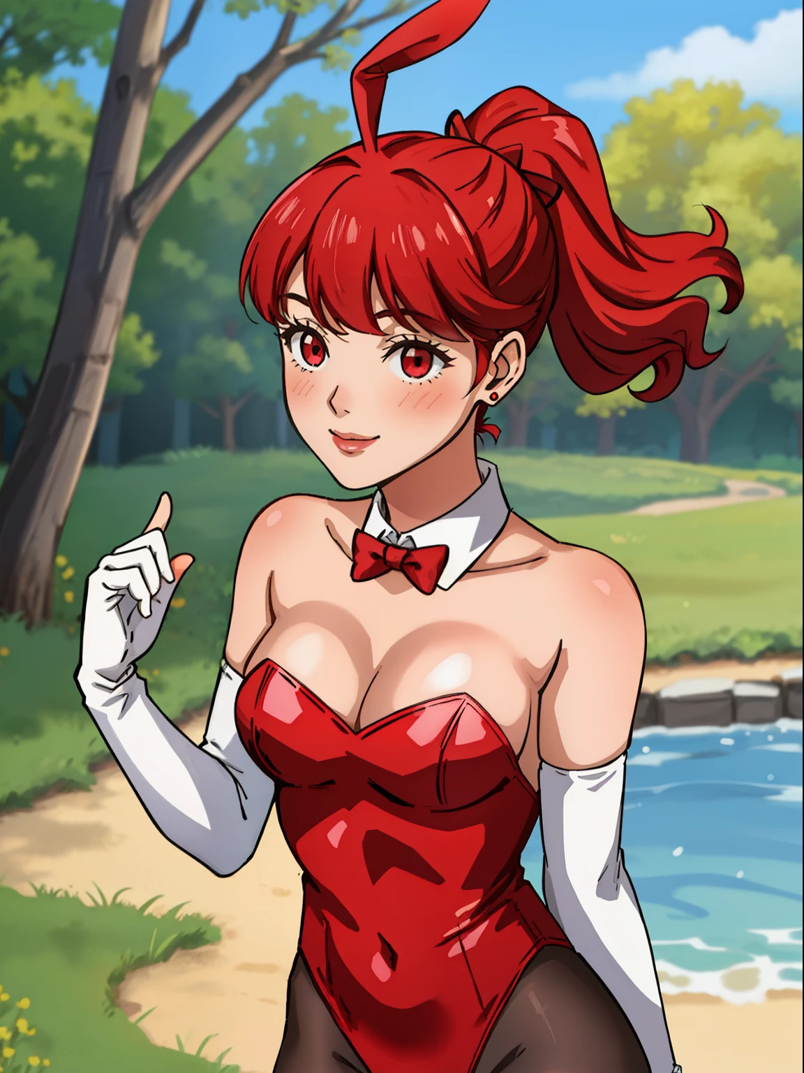 kasumi, red hair, pony tail, red eyes ,1girl, solo, small breasts, ,earrings glossy lips ,looking at viewer, blush, large breasts, nature, pond, trees, park, long white elbow satin gloves, holding, animal ears, cleavage, bare shoulders, jewelry, very l, gentle smile, pantyhose, earrings, fake rabbit ears,  leotard, fake animal ears bunny, long white elbow gloves