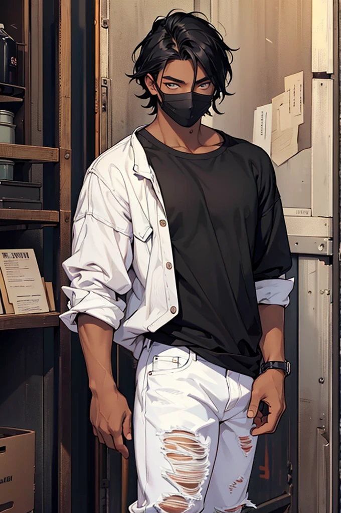 ((Best quality)), ((masterpiece)), top quality), standing alone, dark-skinned, wearing face mask, fluffy black hair, shoulder length,Pure white eyes, his eyes are white, young man, male, black shirt with monsters on it, ripped jeans, 