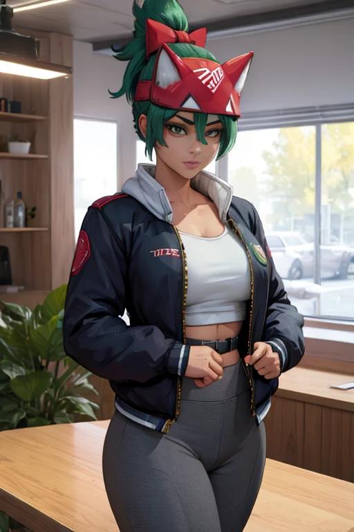 Kiriko, green hair, brown eyes, ponytail, facial mark, shirt, jacket, yoga pants, fox mask,  midriff,  headband, standing, donut shop,  indoors, (insanely detailed, beautiful detailed face,beautiful detailed eyes, masterpiece, best quality),solo, 