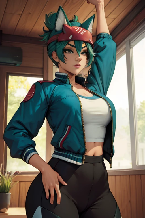 Kiriko, green hair, brown eyes, ponytail, facial mark, shirt, jacket, yoga pants, fox mask,  midriff,  headband, standing, donut shop,  indoors, (insanely detailed, beautiful detailed face,beautiful detailed eyes, masterpiece, best quality),solo, 