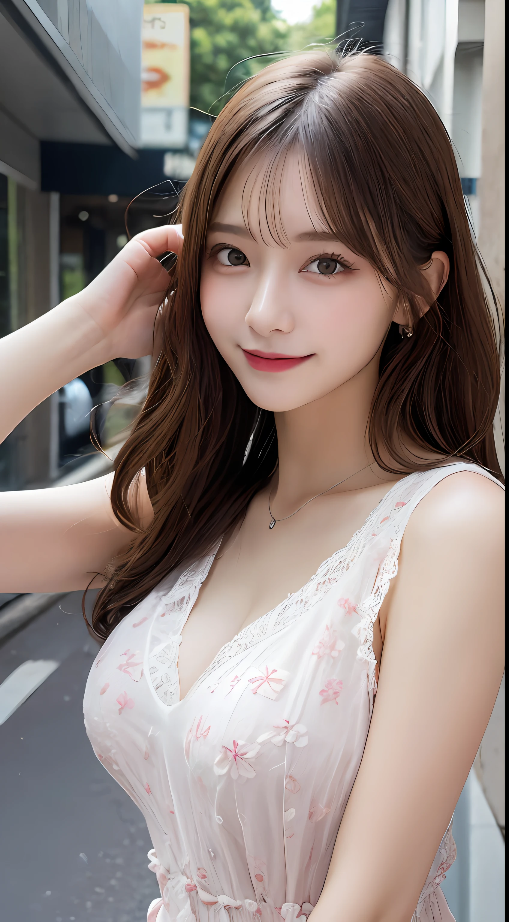 masutepiece, Best Quality, Illustration, Ultra-detailed, finely detail, hight resolution, 8K Wallpaper, Perfect dynamic composition, Beautiful detailed eyes, summer dress,Medium Hair, Big breasts, Natural Color Lip, Random and sexy poses,Smile,Aoyama Street Walk、20 years girl、Cute