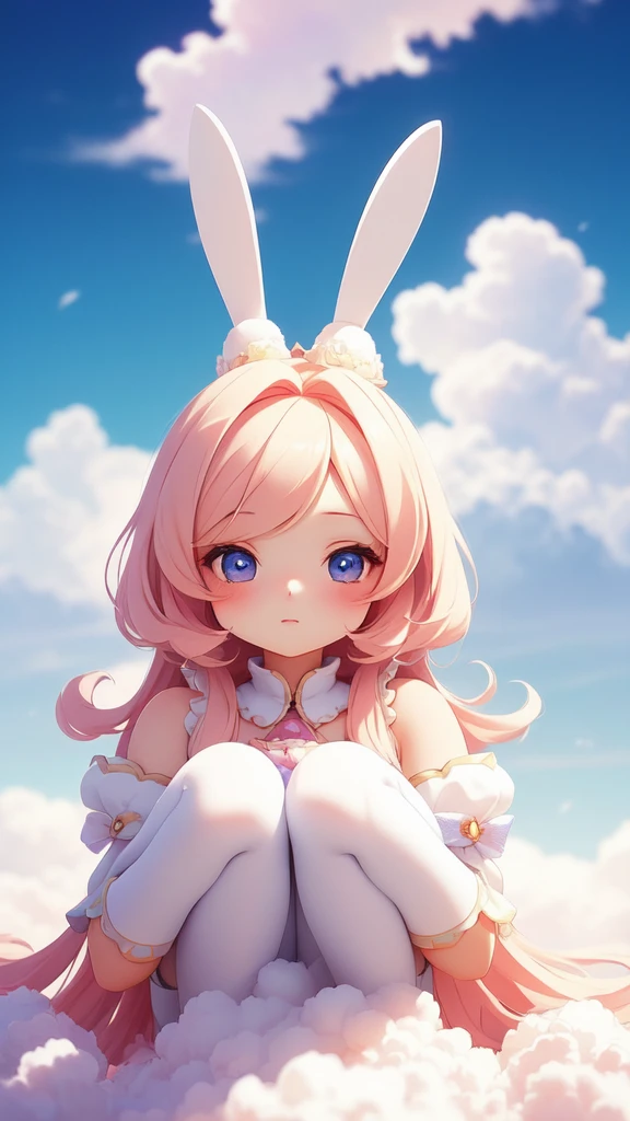 Bunny Morphing Girl, fluffy, soft ((highest quality)), ( extreme detail, best details, official art, beauty and aesthetic: 1.2), Depth of bounds written, composition, whole body, (Little), (beautiful and detailed eyes: 1.3), (Excellent:1), colorful clouds background blurred