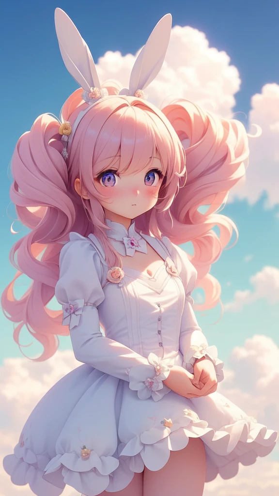 Bunny Morphing Girl, fluffy, soft ((highest quality)), ( extreme detail, best details, official art, beauty and aesthetic: 1.2), Depth of bounds written, composition, whole body, (Little), (beautiful and detailed eyes: 1.3), (Excellent:1), colorful clouds background blurred