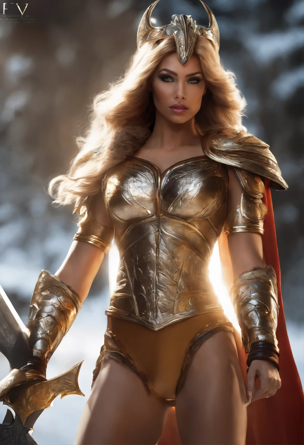 Generate an image of a Valkyrie with the physique of a well-trained female athlete and the face of a supermodel. She should be wearing bold, eye-catching armor: metallic shorts trimmed with fur and a matching bra. Her pose should exude power and grace, showcasing her muscular build. The lighting needs to be dramatic, highlighting the sheen and texture of the metal and fur. The camera angle should be chosen to emphasize her formidable and awe-inspiring presence, blending fierceness with an air of elegance.