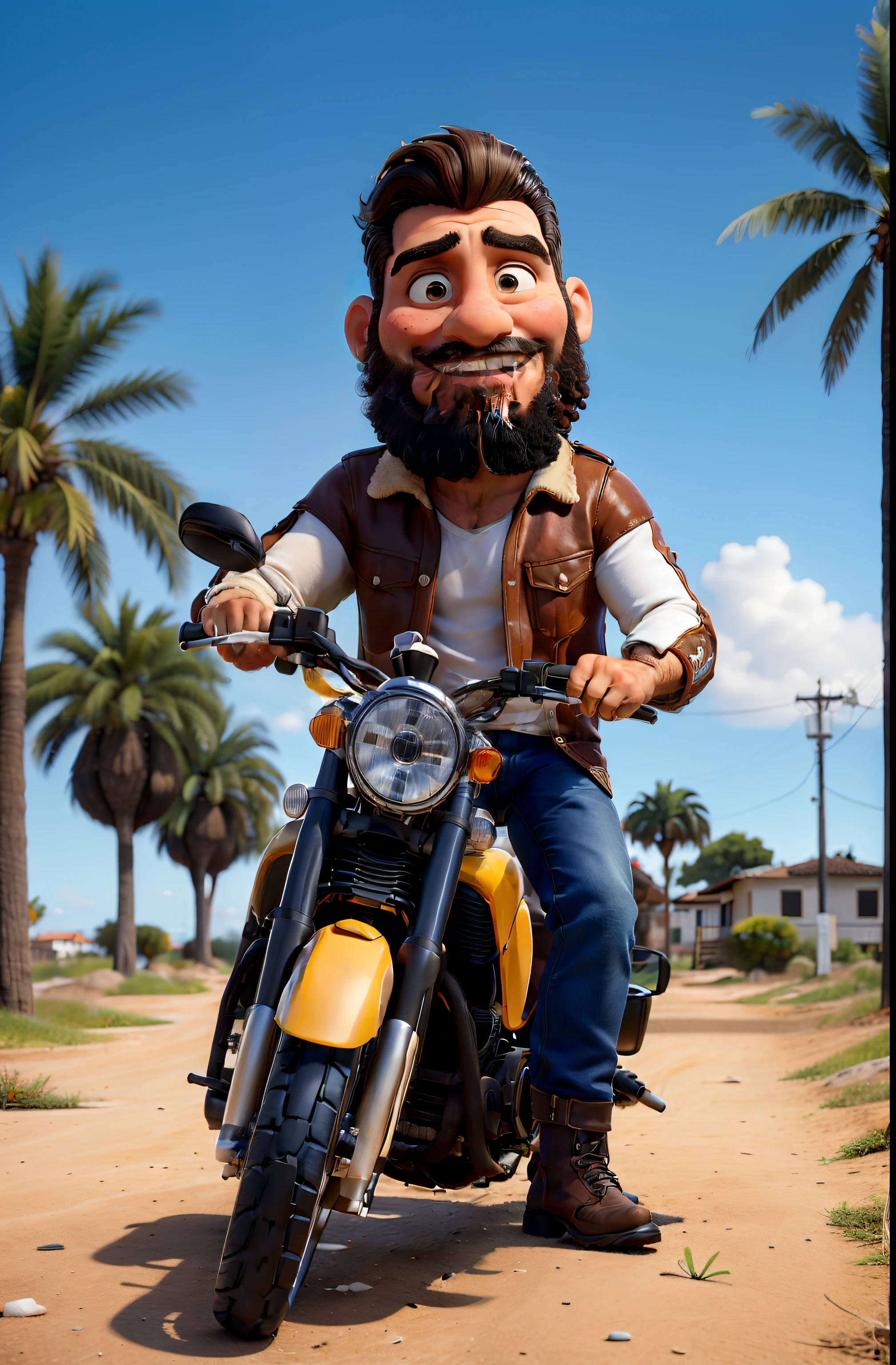 obra de arte, melhor qualidade, um velho com barba branca e longos cabelos castanhos, vestindo uma jaqueta de couro e jeans preto, ao lado de sua motocicleta