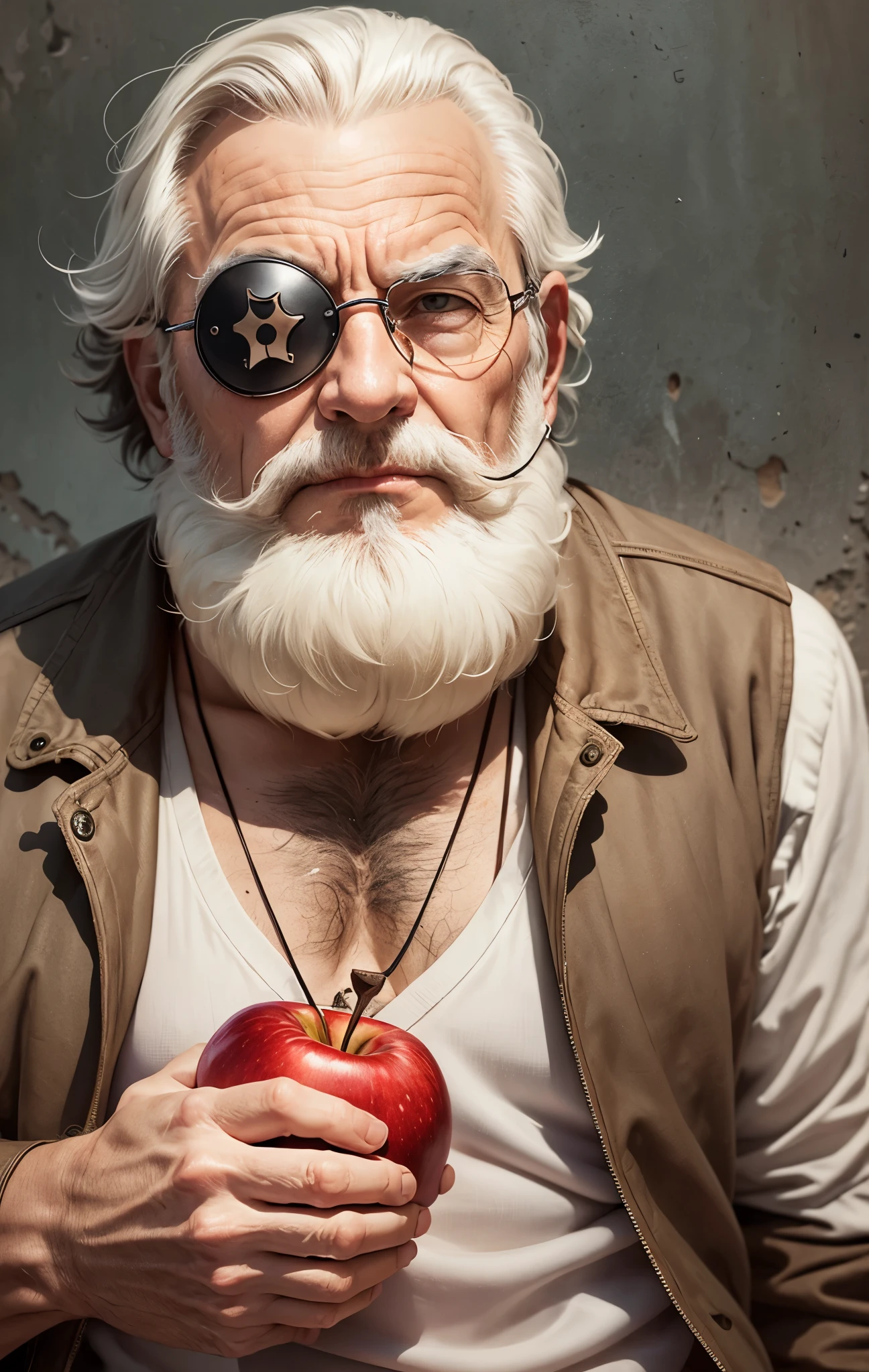 sketch in white and black of an old man with gray beard and gray hair. Eyepatch on the right eye. Holding a red apple in the right hand. Holding an open brown book in the left hand --auto --s2