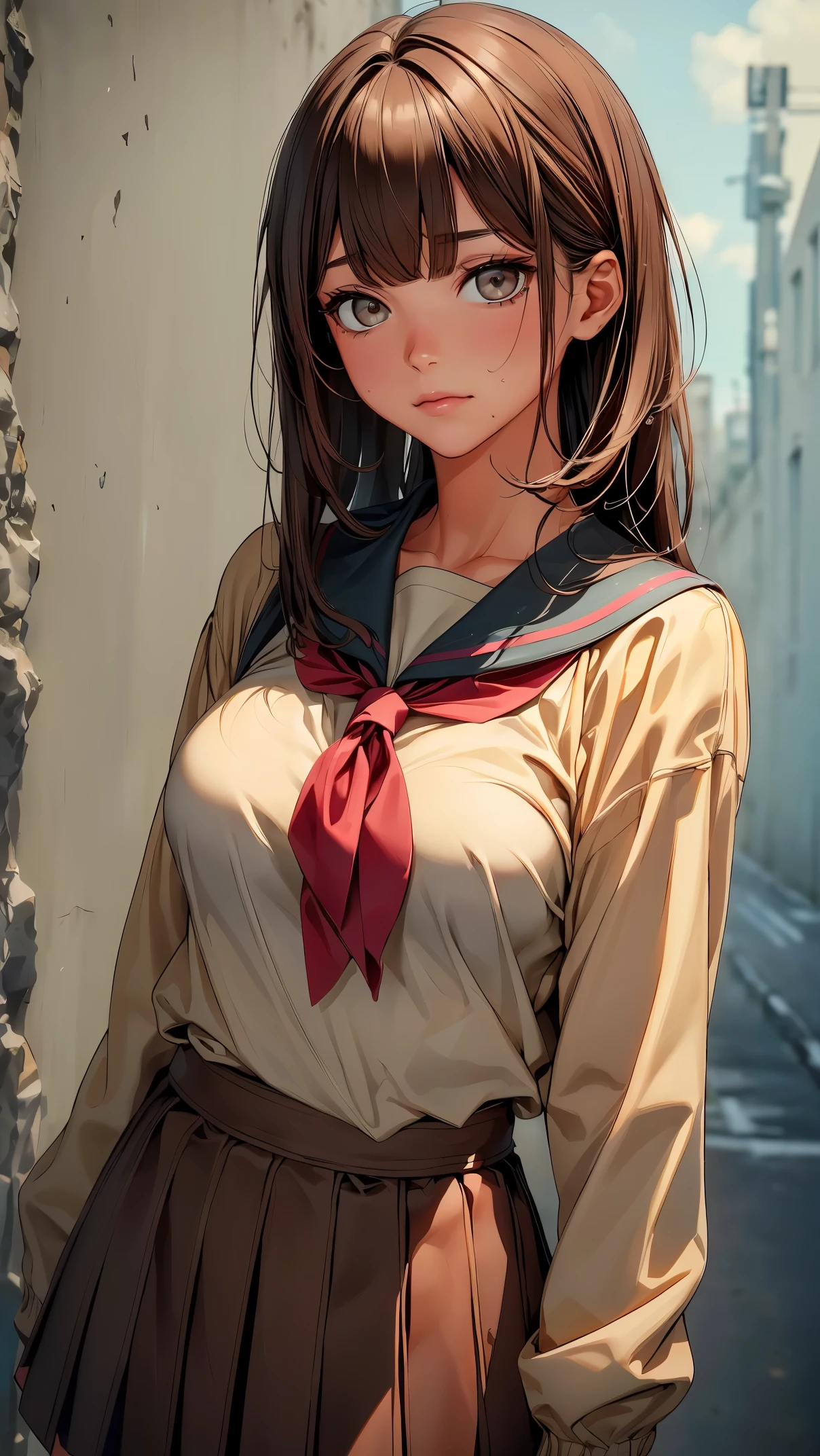 (8K, RAW photo, 最high quality, masterpiece:1.2), High-definition RAW color photo, Professional photo shoot, cinematic light, solo, (((young woman, gal))), (垂れeye), (small face), (high detail skin: 1.2), clavicle, cute face, well-groomed face, beautiful eyes, long eyelashes, (rainbow hair, Brownい瞳), (beautiful breasts:1.5),(thin:1.4), very detailed顔と肌の質感, 詳細なeye, double eyelid, カメラを横eyeで見る, ((brown hair, shortcut, Bangs are long on one side)), slender body, ((Sad face:1.2)), big breasts, normal hip joint, Brown_eye, cowboy shot, (school uniform, sailor suit), ((Concrete wall background)), 見つめるeye, beautiful skin, shiny skin, wet skin, wet hair, perfect fingers, five fingers, anatomically correct, background bokeh, high quality, surreal, bright colors, ((very detailed, photo shoot)),