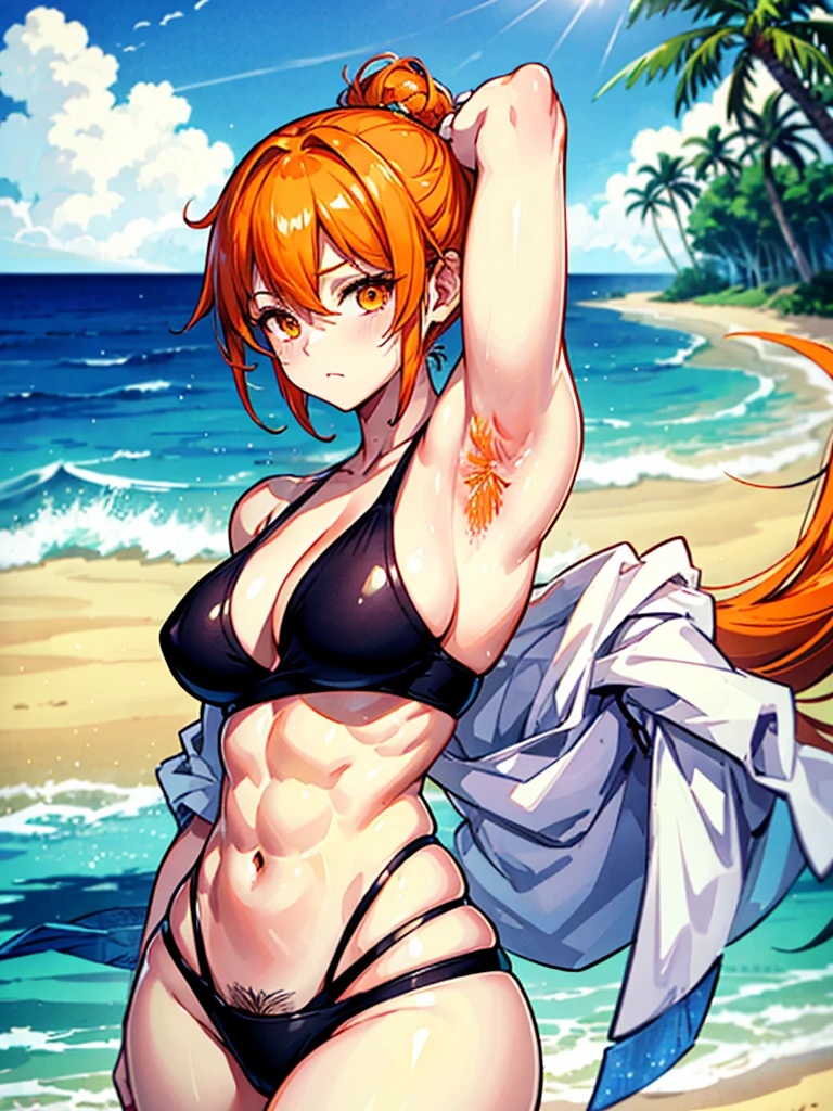 （（（masterpiece、Highest image quality、highest quality、highly detailed unity 8ｋwallpaper）））、（（Illustration of one girl））、（（（beautiful girl）））、（（orange hair、side ponytail、sidelocks：1.4、orange eyes））、（（（stocky build, thickset physique：1.6, muscular legs, broad shoulders, solid chest）））、（（（orange hairy armpits：1.4）））、(armpit hair:1.4)、swimsuit、sandy beach