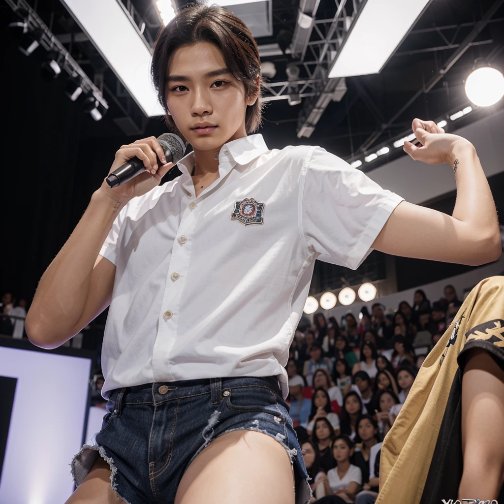 garoto coreano, realista, idol, em um show, roupas estilosa