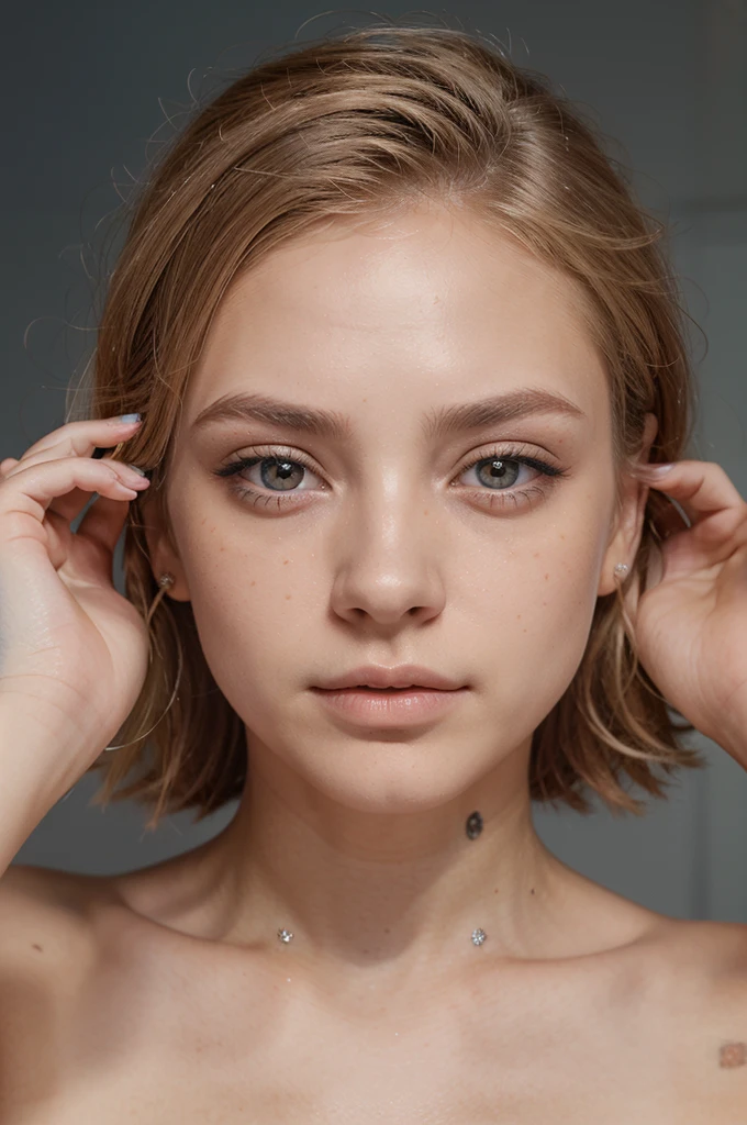blonde woman, ojos azules, pelirroja, cara de diamante, small eyes, ojos inocentes, small pink lips, small front, pronounced cheekbones, con pocas pecas