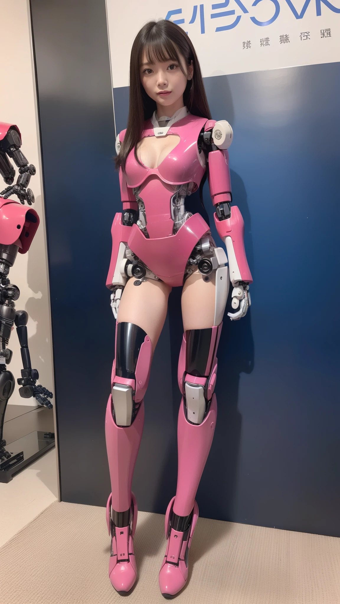 (Photorealsitic:1.4)、one robot woman、(top-quality)、(hyperdetailed face)、(Super well-formed face)、(Robot Parts)、(Female-Robot)、(25 years-old)、(Blue)、(pink there)、(Burgundy)、(metallic)、(full-body)、(sexy pose)、(Slender body)、(Model body type)、(full body mech)、(mechanical exposure)、(Akihabara)、(is looking at the camera)、(A dark-haired)、(Well-proportioned lady)、(a small face)、(a small head)、(well-groomed fingers)、(Idol)、(front facing)、(Standing with legs open)、(Photo session)、(Looks sad)、(perfect-female-robot)、(perfect-mechanical-body)