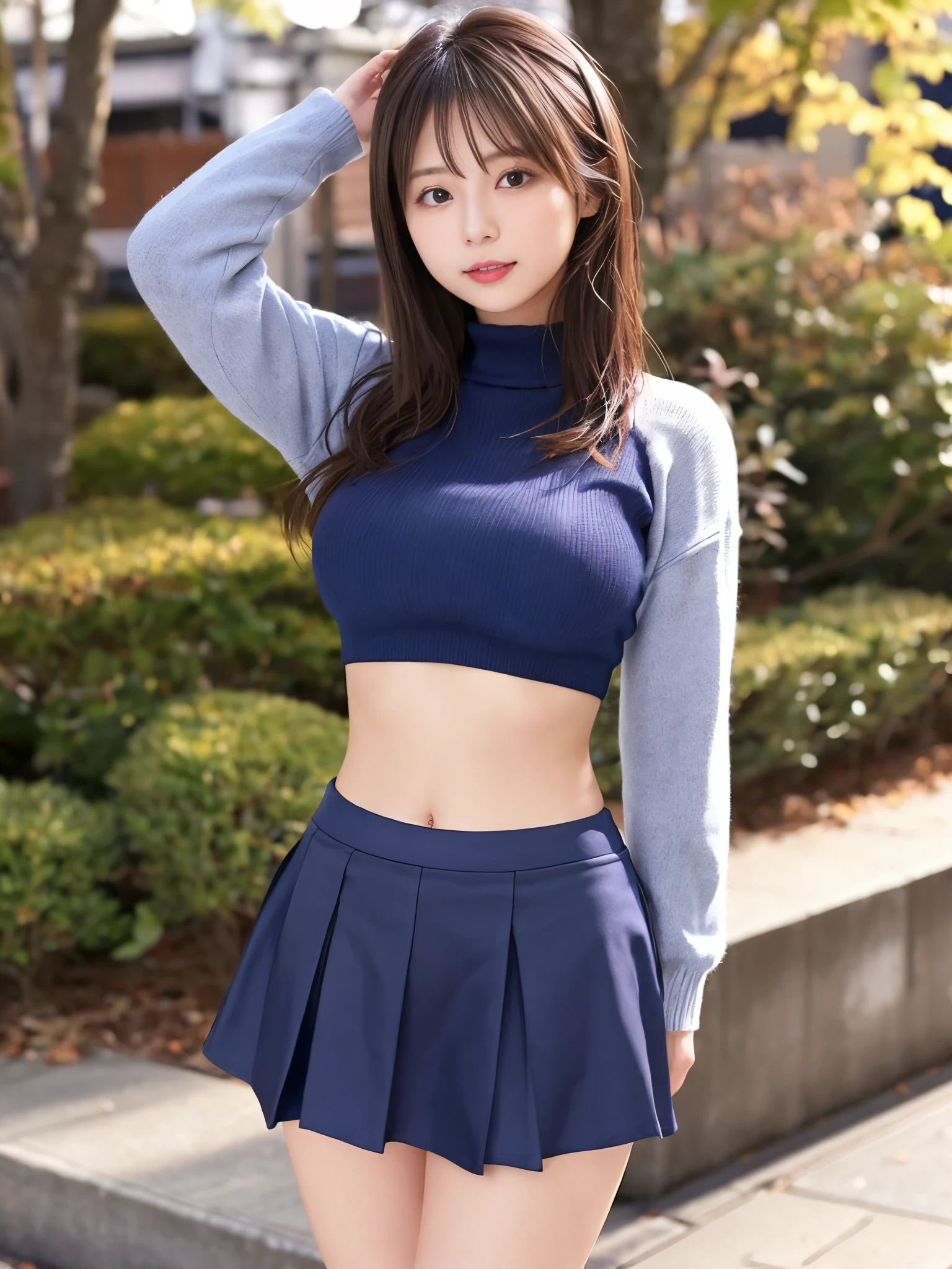 japanese girl、girl in her 20s、perfect body shape、Transparency、big breasts、Tight sweaters、navy blue skirt、light blue shirt、Gravure idol pose、sensual look、shiny thighs