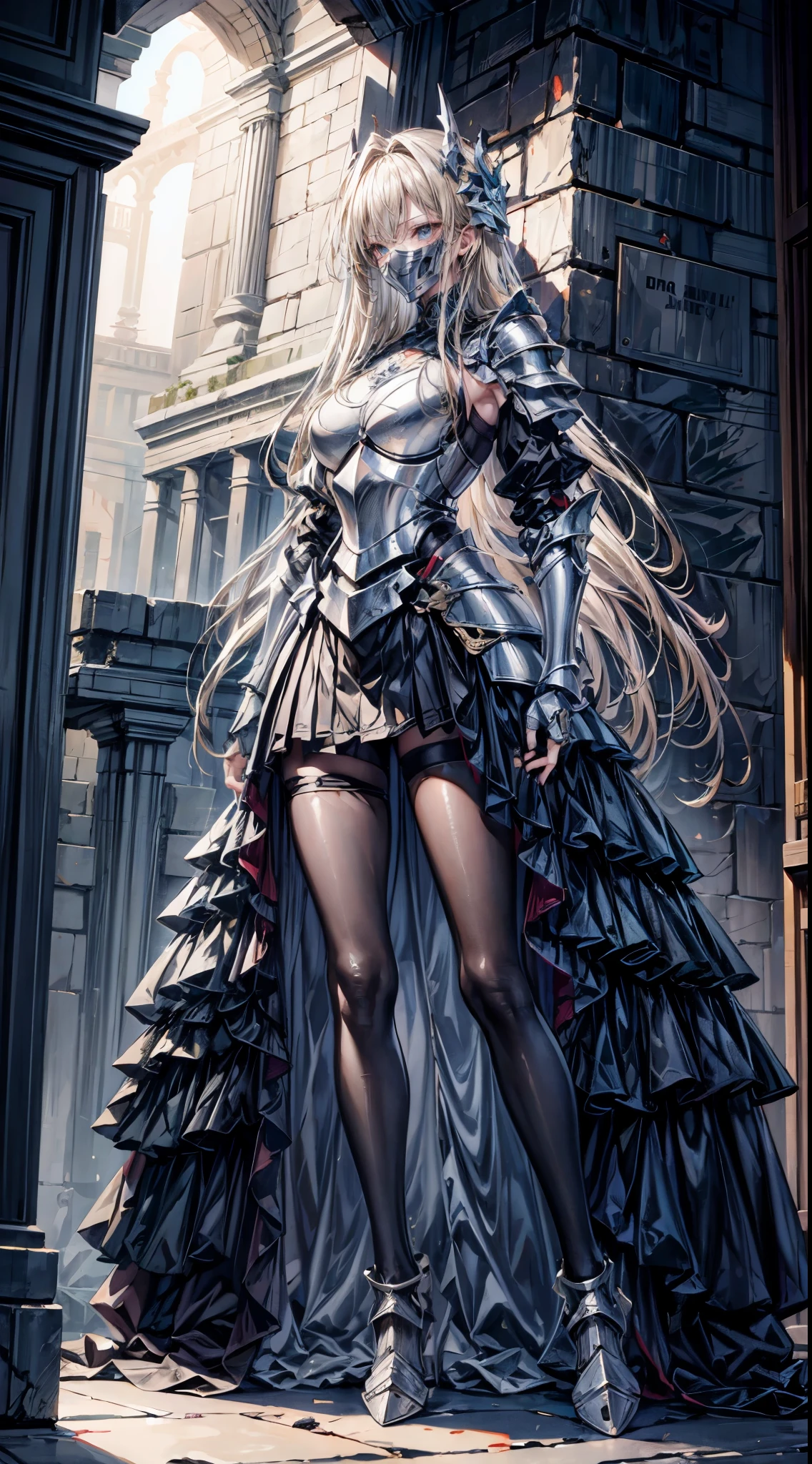 Blonde hair now,(Put on the iron mask:2.0)and armor,Wearing an iron mask and armor,Metal heels,long face,long face,long face shape