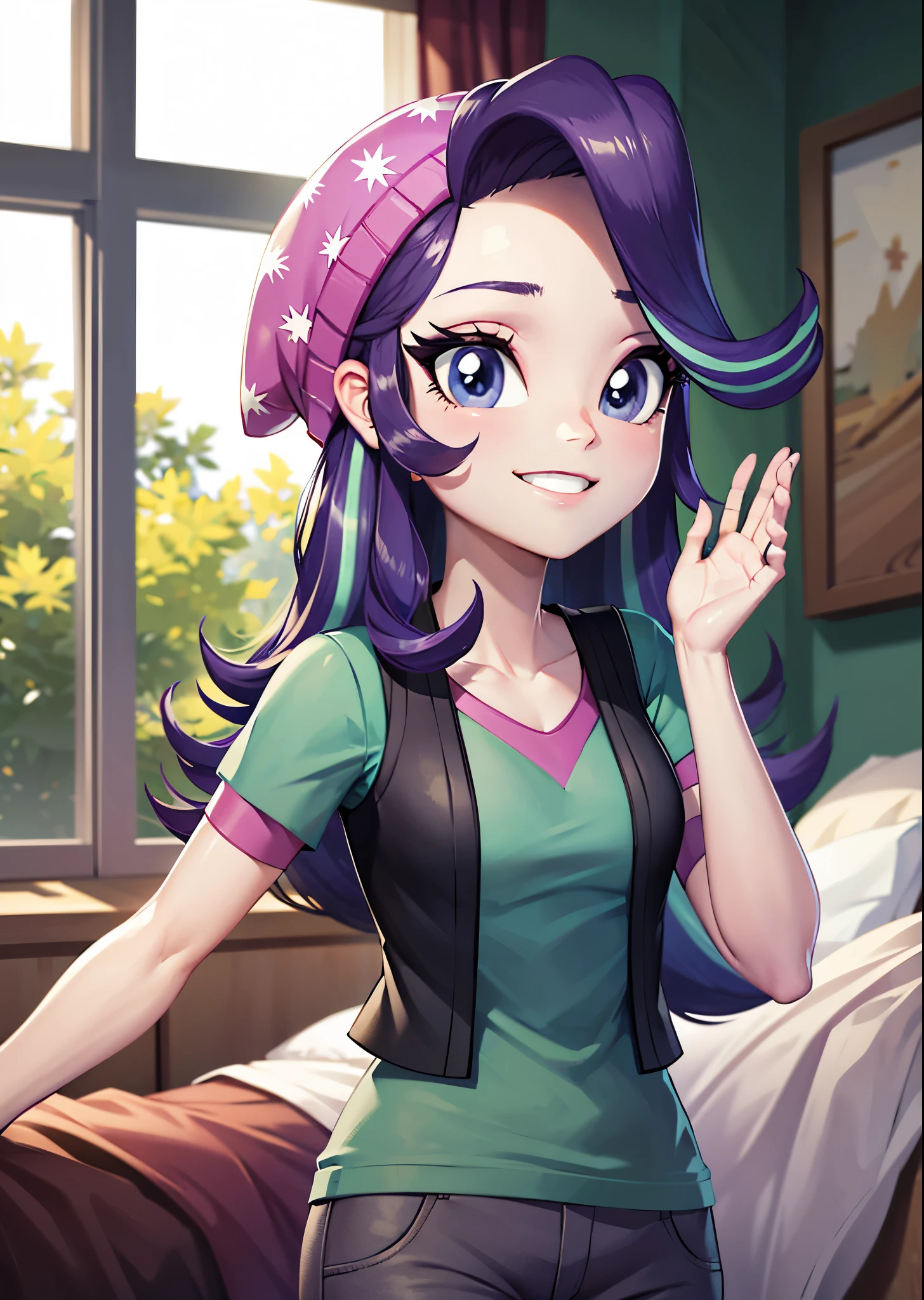 1girl, masterpiece, (detailed background), best quality, absurdres,
bedroom, bed, window,
mlpglimmer, shirt, hat, short sleeves, pants, vest, streaked hair, torn clothes, colored skin, beanie, torn pants, solo, smile, personification,