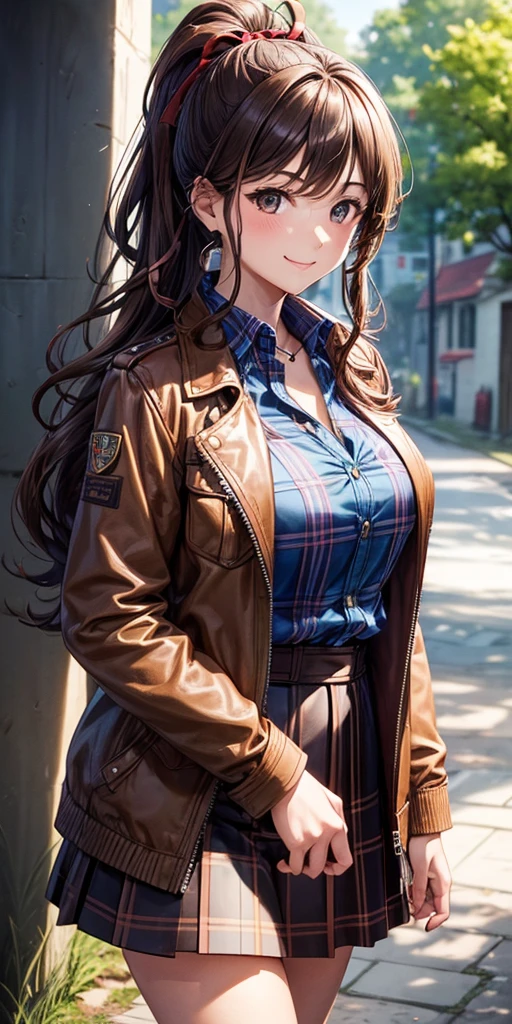 1girl, full body, solo, village, trees, brown hair, long hair, curly hair, ponytail, large breasts, button down shirt, ((blue checked shirt)), ((unbuttoned shirt)), cleavage 1:3, brown eyes, ((opened brown zipper jacket)), leather jacket, ((red black skirt)), smile, looking at the viewer, touching neck, standng, hair ribbon, golden necklate