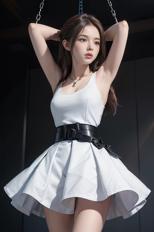 ((masterpiece)), ((best quality)), (ultra-detailed), NSFW, ((torture chamber)),(torture),(((single narrow belt strongly bound waist))),a cute girl, 1girl, solo, (white mini tanktop dress),(chain bound arms), (both hands are bound and is hung from the ceiling),((thin waist)),((bdsm)),beautiful brown hair, beautiful blue eyes, (beautiful eyes), long hair,troubled expression
