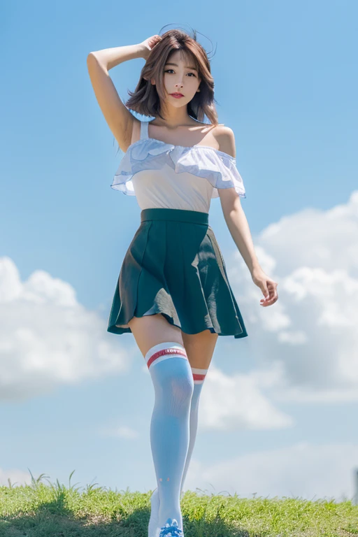 ((((medium hair))))、((((brown hair))))、highest quality、8K、HDR、High resolution、background blur、photograph、(RAWphotograph:1.2)、(realism:1.2)、(intricate details:1.2)、1 girl、solo、japanese girl、beautiful girl、perfect beauty、((((medium breasts)))、Perfect for your skin、long eyes、detailed pupil、slim body、(flare skirt、Off-the-shoulder T-shirt、knee high socks)、outdoor、blue sky、cloud、hair fluttering、Translucency、sexy(beholder)from the front、