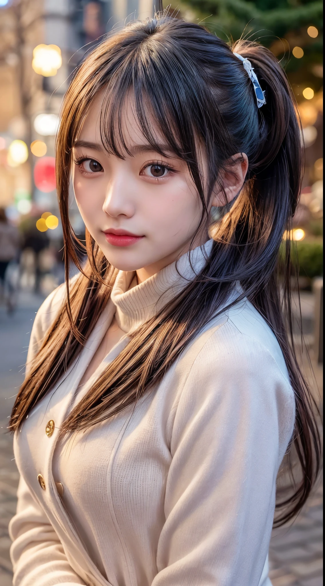 blush,long hair ponytail,big ribbon in her hair,(8K, Raw photo, best quality, muste piece:1.2), (Reality, photorealistic:1.4), (Highly detailed 8K wallpaper), Tits sharp focus, Depth of bounds written, cinematic lighting, soft light, detailed beauty eye,Shiny and smooth light brown ponytail, asymmetrical bangs, shiny skin, super detailed skin ,high resolution, high detail, detailed hairstyle, detailed beauty face, hyper real, perfect limbs, perfect anatomy ,1 Japanese girl,famous japanese idol, perfect female body,shy smile,short eyelashes,double-edged eyelids,look straight here,Hair style is ponytail,wear a ribbon, office,long ponytail hairstyle,Wearing scrunchies,wearing a long coat,The Street,stand straight and pose,So that the whole body can be seen,winter,warm clothes,look straight at me,wearing a scarf,It's snowing,wear a black long-sleeved coat,european cityscape,cobblestone road,European churches can be seen in the background,close up of face,in front of a church in europe,Dusk hours