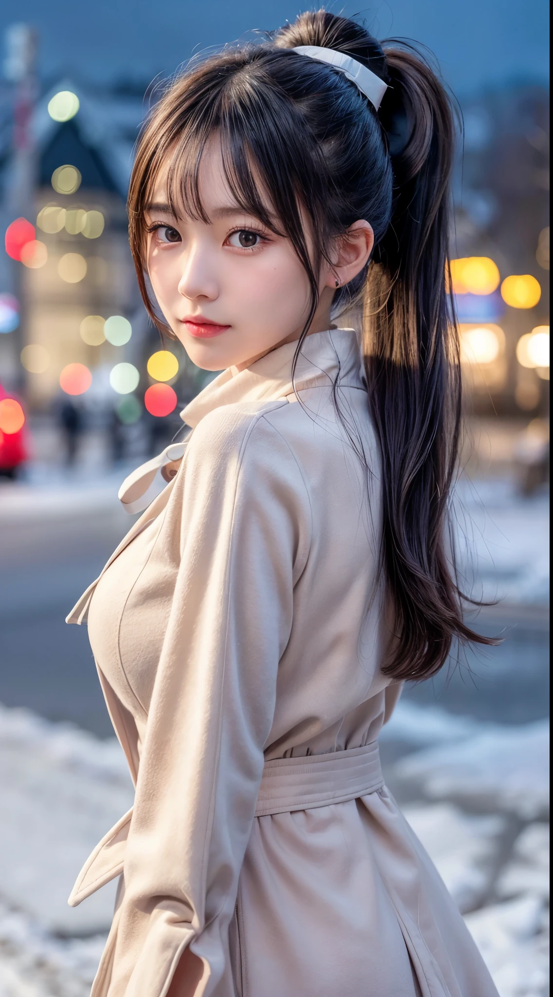 blush,long hair ponytail,big ribbon in her hair,(8K, Raw photo, best quality, muste piece:1.2), (Reality, photorealistic:1.4), (Highly detailed 8K wallpaper), Tits sharp focus, Depth of bounds written, cinematic lighting, soft light, detailed beauty eye,Shiny and smooth light brown ponytail, asymmetrical bangs, shiny skin, super detailed skin ,high resolution, high detail, detailed hairstyle, detailed beauty face, hyper real, perfect limbs, perfect anatomy ,1 Japanese girl,famous japanese idol, perfect female body,shy smile,short eyelashes,double-edged eyelids,look straight here,Hair style is ponytail,wear a ribbon, office,long ponytail hairstyle,Wearing scrunchies,wearing a long coat,The Street,stand straight and pose,So that the whole body can be seen,winter,warm clothes,look straight at me,wearing a scarf,It's snowing,wear a black long-sleeved coat,european cityscape,cobblestone road,European churches can be seen in the background,close up of face,in front of a church in europe,Dusk hours