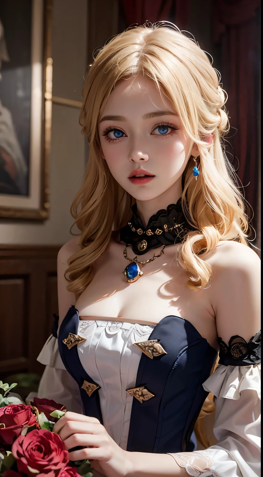 Rose Maiden, Crimson, toy doll, Transparent white skin, shiny blonde curls, High image quality, HD, transparency, Clear, Upper body, Gothic dress made of red velvet fabric, Cobalt blue eyeedium tits