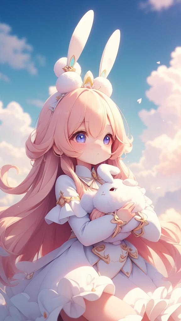 Bunny Morphing Girl, fluffy, soft ((highest quality)), ( extreme detail, best details, official art, beauty and aesthetic: 1.2), Depth of bounds written, composition, whole body, (Little), (beautiful and detailed eyes: 1.3), (Excellent:1), colorful clouds background blurred