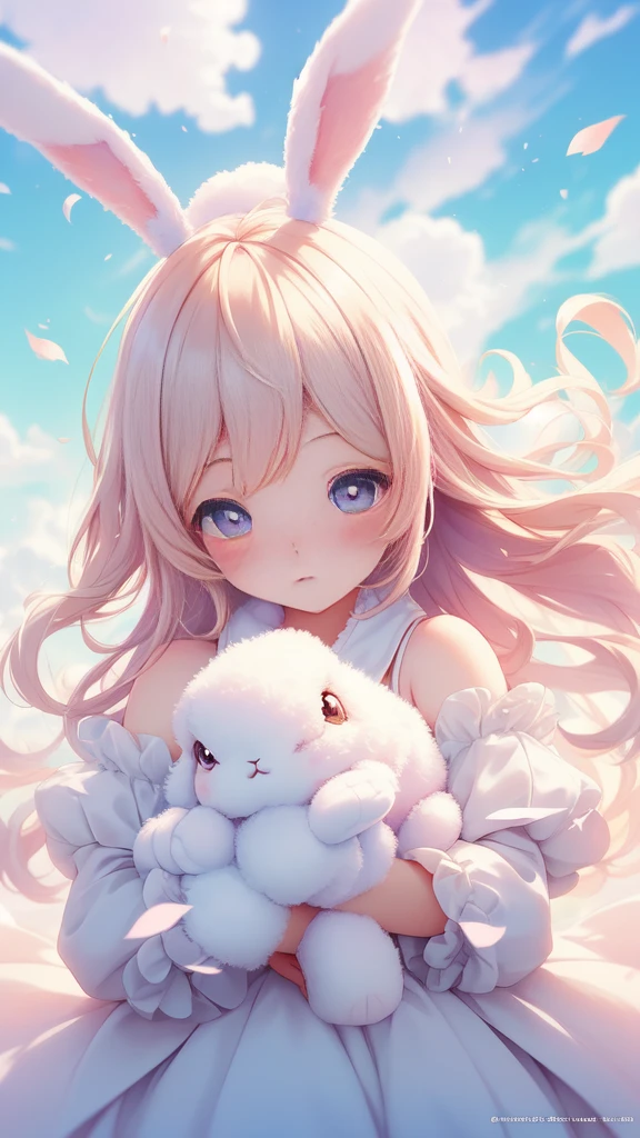 Bunny Morphing Girl, fluffy, soft ((highest quality)), ( extreme detail, best details, official art, beauty and aesthetic: 1.2), Depth of bounds written, composition, whole body, (Little), (beautiful and detailed eyes: 1.3), (Excellent:1), colorful clouds background blurred