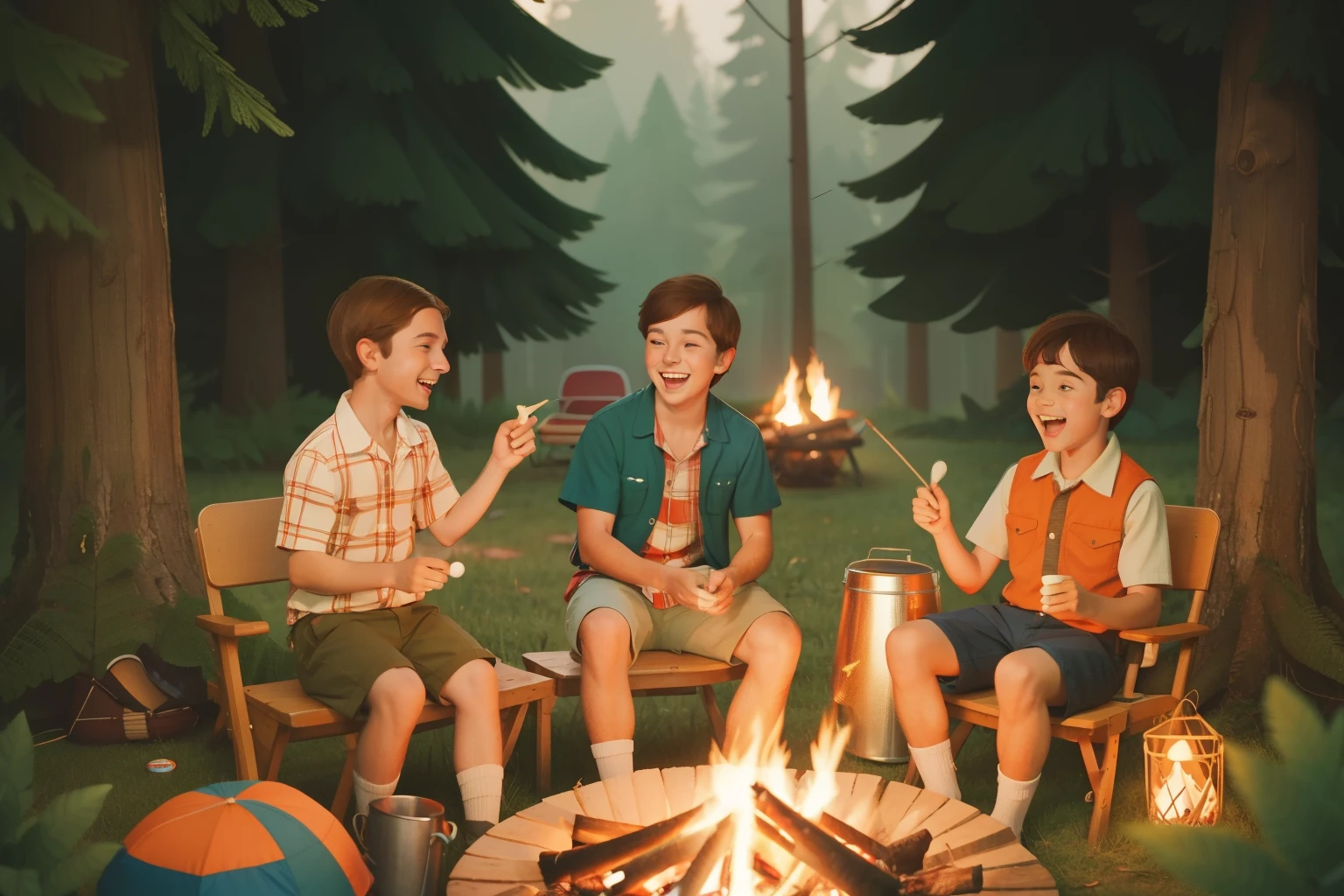 1970s American Summer Campfire Sing-Along (Location: Maine):
Character: A tween boy with a wide smile, roasting marshmallows around a campfire in plaid shorts.
Setting: A summer campsite in the woods of Maine, where he joins in a joyous sing-along. Capture the warmth of the campfire with Wes Anderson's forest-inspired and nostalgic color palette.