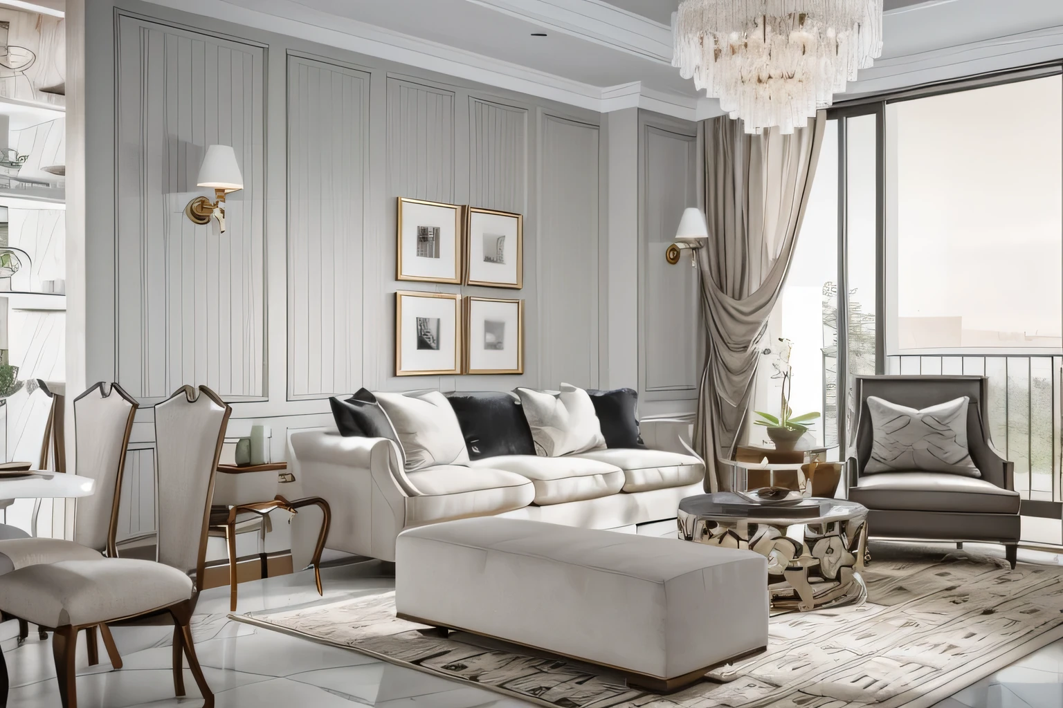 Living Room: Materials and Colors: The floor can be industrial gray wood or white stone tiles, creating a foundation for an open and airy space. The sofa and main furniture can be gray or white industrial wood, with simple or elegant patterns. A coffee table or low table can be luxurious marble or subdued gray-toned industrial wood. Use decorative elements such as light gray or white throw pillows with simple floral patterns in the Japandi style. Lighting: Ceiling lights with a simple design, possibly round pendant lights in tea-colored or subdued gray, adding subtle accents to the space. Utilize natural light through large windows, possibly combined with light gray or white curtains for light control. Kitchen: Materials and Colors: The kitchen cabinets can be industrial gray or black, complemented by luxurious granite or marble countertops in white or subdued gray. For the wall backsplash, use white, gray, or light subdued gray granite or marble to create focal points. Appliances like induction cooktops, ovens, and refrigerators can be made from black or subdued gray PVD-coated stainless steel, adding sophistication and ease of maintenance. Space Design: An open kitchen design helps optimize space and create a sense of openness. Possibly arrange display shelves for kitchen utensils using tea-colored glass or subdued gray industrial wood to create focal points. Accessories and Decor: Utilize accessories such as kitchen tools in black, subdued gray, or white to match the Japandi style. Consider placing small bonsai trees or potted plants in small containers to introduce natural focal points and vitality to the space. All these elements will blend together to create a sophisticated, luxurious, and functional living and working space in the Japandi style, integrating the refined combination of materials such as stone, industrial wood, tea-colored glass, and PVD-coated stainless steel.

