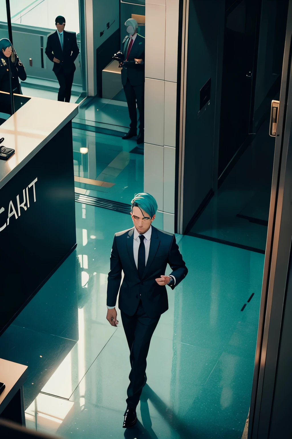 Bird's eye shot angle, security footage capturing Dr. Teal entering an office building. Dr. Teal has short teal-colored hair and is dressed in a sophisticated suit, exuding confidence and professionalism. The footage shows Dr. Teal walking through the entrance with purpose, passing through security checkpoints effortlessly. The background consists of a modern lobby with sleek architecture and a reception desk. The lighting in the footage is bright and clear, ensuring visibility and capturing facial features