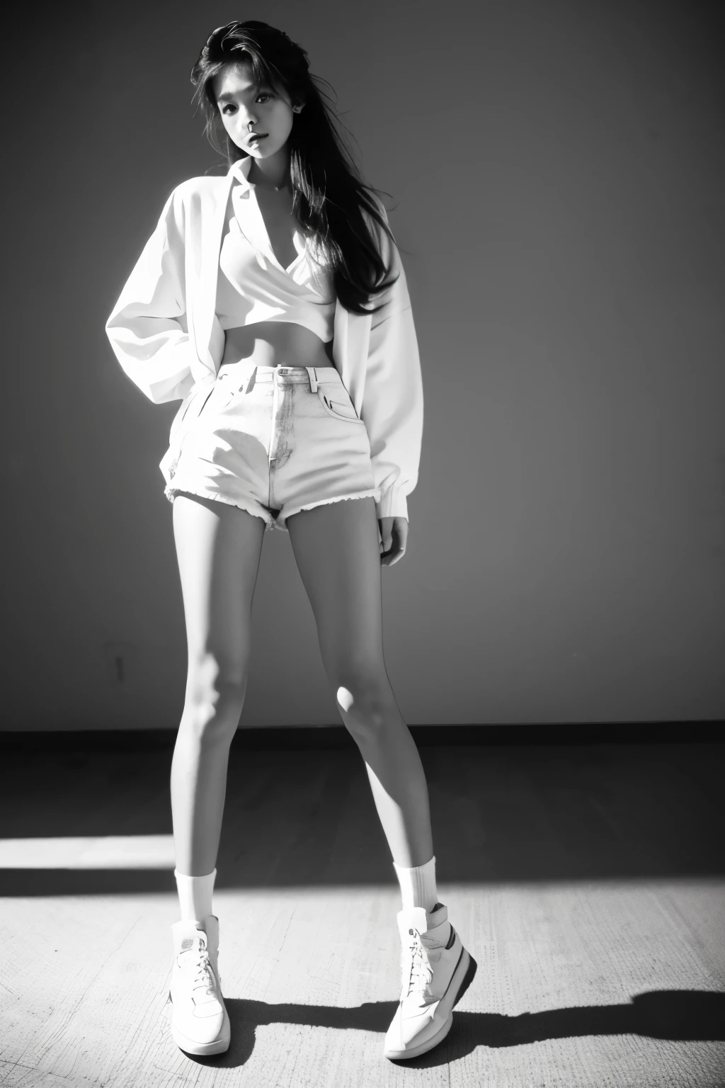 (masterpiece), (best quality), 1girl, 20yo, beautiful girl, perfect face, vintage, Tokyo 80s, black and white, monochrome, film photography, film grain, hard lighting, posing, good anatomy, full body