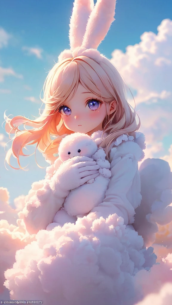 Bunny Morphing Girl, fluffy, soft ((highest quality)), ( extreme detail, best details, official art, beauty and aesthetic: 1.2), Depth of bounds written, composition, whole body, (Little), (beautiful and detailed eyes: 1.3), (Excellent:1), colorful clouds background blurred