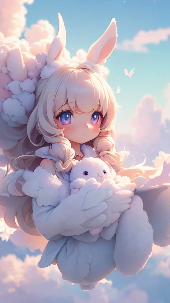 Bunny Morphing Girl, fluffy, soft ((highest quality)), ( extreme detail, best details, official art, beauty and aesthetic: 1.2), Depth of bounds written, composition, whole body, (Little), (beautiful and detailed eyes: 1.3), (Excellent:1), colorful clouds background blurred