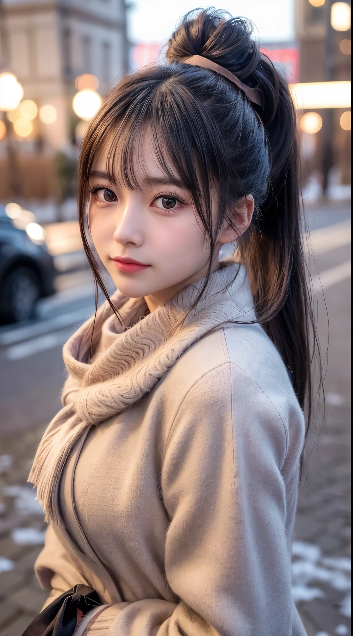 blush,long hair ponytail,big ribbon in her hair,(8K, Raw photo, best quality, muste piece:1.2), (Reality, photorealistic:1.4), (Highly detailed 8K wallpaper), Tits sharp focus, Depth of bounds written, cinematic lighting, soft light, detailed beauty eye,Shiny and smooth light brown ponytail, asymmetrical bangs, shiny skin, super detailed skin ,high resolution, high detail, detailed hairstyle, detailed beauty face, hyper real, perfect limbs, perfect anatomy ,1 Japanese girl,famous japanese idol, perfect female body,shy smile,short eyelashes,double-edged eyelids,look straight here,Hair style is ponytail,wear a ribbon, office,long ponytail hairstyle,Wearing scrunchies,wearing a long coat,The Street,stand straight and pose,So that the whole body can be seen,winter,warm clothes,look straight at me,wearing a scarf,It's snowing,wear a black long-sleeved coat,european cityscape,cobblestone road,European churches can be seen in the background,in front of a church in europe,Dusk hours
